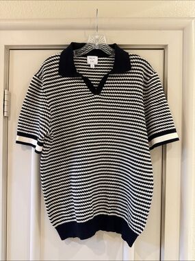Reiss Black and White Striped Knit Polo Shirt